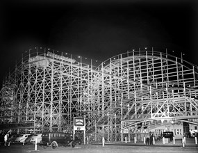 Amusement park roller coaster at night, Mission Beach Amusement Center, San Diego, USA, Russell