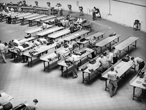 High angle view of workshop at vocational school for aircraft construction workers, San Diego,