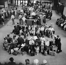 High angle view of waiting room at bus terminal, Pittsburgh, Pennsylvania, USA, Esther Bubley, U.S.
