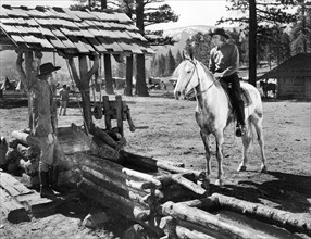 Dean Jagger (right), Arthur Aylesworth (left), on-set of the film, "Brigham Young", 20th