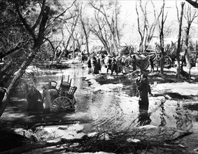 Brigham Young and group of Mormons encamped at Sugar Creek while heading west, on-set of the film,