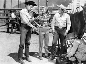 Scott Brady, Joyce Holden, Don Haggerty, Bill Baldwin, on-set of the film, "Bronco Buster",