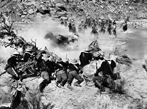 Fight scene, on-set of the film, "Buffalo Bill", 20th Century-Fox, 1944