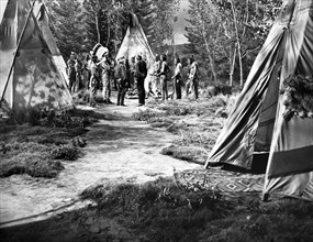 George "Gabby" Hayes, Randolph Scott, on-set of the film, "The Cariboo Trail", 20th Century-Fox,