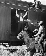 Train robbery scene, on-set of the film, "Butch Cassidy And The Sundance Kid", 20th Century-Fox,