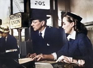 Joseph Cotten, Teresa Wright, on-set of the film, "The Steel Trap", 20th Century-Fox, 1952