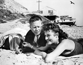 Mickey Rooney, Diane Foster, on-set of the film, "Speedy Shannon", Columbia Pictures, 1954