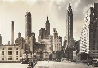 Manhattan skyline, South Street and Jones Lane, New York City, New York, USA, Berenice Abbott,