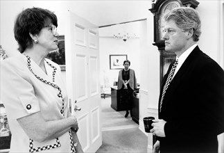 U.S. President Bill Clinton talking with U.S. Attorney General Janet Reno at the White House,