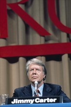 U.S. President Jimmy Carter at podium during news conference, Washington D.C., USA, Bernard