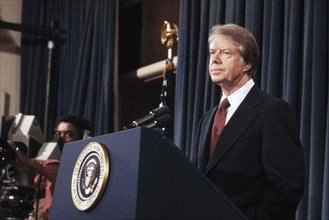 U.S. President Jimmy Carter at podium during news conference, Washington D.C., USA, Bernard