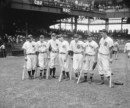 American League All-Star baseball players from left to right: Lou Gehrig, Joe Cronin, Bill Dickey,