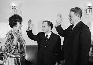 New York Congresswoman Bella Abzug being sworn in by U.S. Speaker of the House Carl Albert and