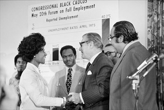 U.S. Vice President Nelson Rockefeller shaking hands with Shirley Chisholm, member of Congressional