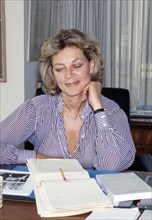 American actress Lauren Bacall with manuscript of her memoir, "Lauren Bacall, By Myself", Alfred A.