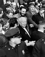 Soviet leader Nikita Khrushchev and Cuban leader Fidel Castro amongst crowd during visit to United