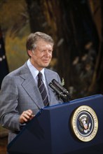 U.S. President Jimmy Carter participating in town hall meeting,  Clinton, Massachusetts, USA,