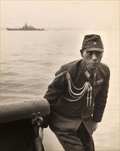 Member of Japanese delegation boarding USS Missouri during signing of official Instrument of