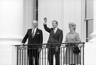 Irish Prime Minister Jack Lynch on the White House balcony with his wife Máirín Lynch and U.S.