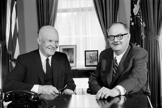 U.S. President sitting with Austrian Chancellor Julius Raab, Oval Office, Washington, D.C., USA,