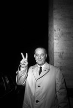 U.S. President Lyndon Johnson giving victory sign on election night, Driskill Hotel, Austin, Texas,