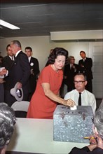 U.S. First Lady Claudia "Lady Bird" Johnson placing her vote in ballot box, Pedernales Electric