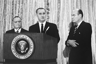 U.S. President Lyndon B. Johnson with FBI Director J. Edgar Hoover (left) and U.S. Attorney General