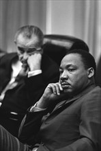 U.S. President Lyndon Johnson, Martin Luther King, Jr., during civil rights meeting, Cabinet Room,