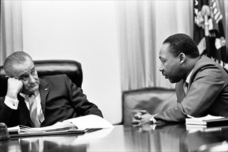 U.S. President Lyndon Johnson, Martin Luther King, Jr., during civil rights meeting, Cabinet Room,