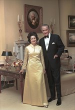 U.S. President Lyndon B. Johnson and Lady Bird Johnson in formal wear, White House, Washington, D.C