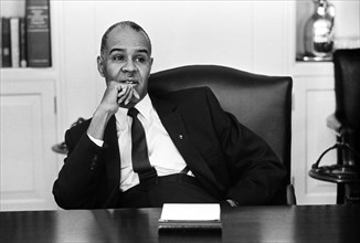 Whitney Young, during civil rights meeting with U.S. President Lyndon Johnson in cabinet room,