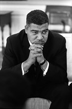 Roy Wilkins, during civil rights meeting with U.S. President Lyndon Johnson in cabinet room, White