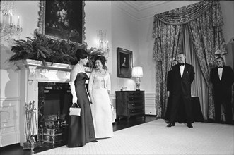 Lady Bird Johnson and Princess Margaret of Great Britain pose in front of fireplace, U.S. President