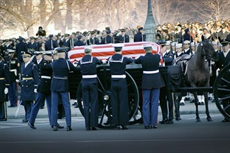 Funeral Procession of former U.S. President Lyndon Johnson, Caisson, Military Attendants, Riderless