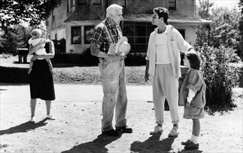 Denise Crosby, Miko Hughes, Fred Gwynne, Dale Midkiff, Blaze Berdahl, on-set of the film, "Pet