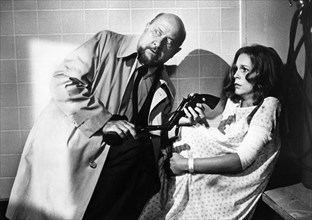 Donald Pleasence, Jamie Lee Curtis, on-set of the film, "Halloween II", Universal Pictures, 1981