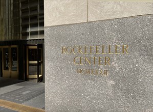 Rockefeller Center MCMXXXII etched in granite on building exterior, New York City, New York, USA