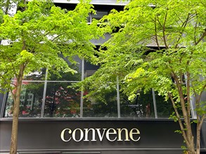 Convene, premium office and event space, building exterior and company sign, New York City, New