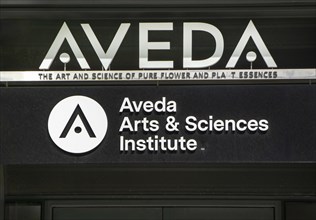 Aveda Arts and Sciences Institute, close-up of building sign, Spring Street, New York City, New