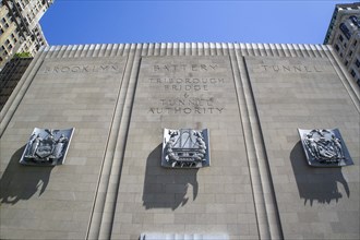 Brooklyn Battery Tunnel, low angle view of granite-faced monumental ventilation building, New York