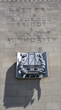 Brooklyn Battery Tunnel, low angle view of granite-faced monumental ventilation building, close-up