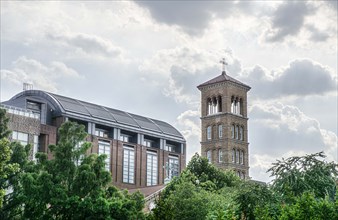 Judson Memorial Church,
Campanile (foreground and right), Furman Hall, New York University (left),