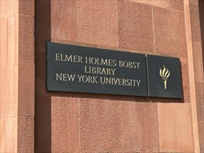 Elmer Holmes Bobst Library, New York University, building exterior with plaque, New York City, New