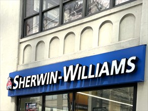 Sherwin-Williams store, building exterior detail, New York City, New York, USA