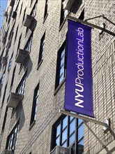 NYU Production Lab, building exterior and banner, New York University, New York City, New York, USA