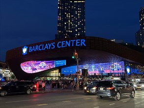 Barclays Center and street scene at night, Brooklyn, New York City, New York, USA