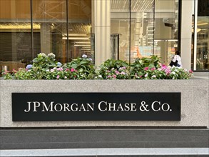 JPMorgan Chase & Co., company sign and building exterior, New York City, New York, USA