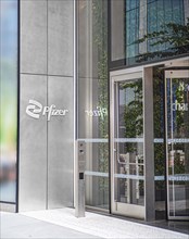 Pfizer Inc., building exterior and entrance, 66 Hudson Boulevard, Hudson Yards, New York City, New