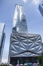 The Shed and Bloomberg Building, low angle view, 15 Hudson Yards, New York City, New York, USA