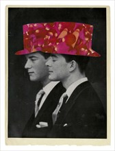 Two vintage men wearing rose petal top hats